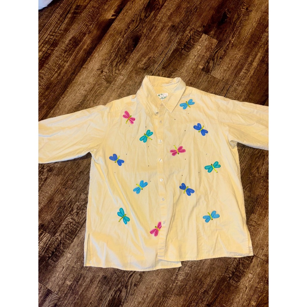 Quacker Factory Yellow Dragonfly Embroidered Button Down Shirt Rhinestone Large